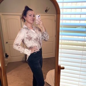 Beige and white water color silky button down shirt